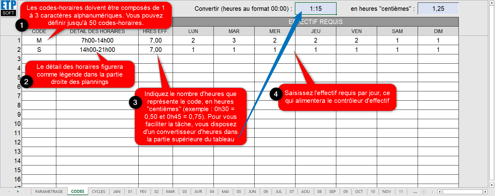 Definir les codes horaires